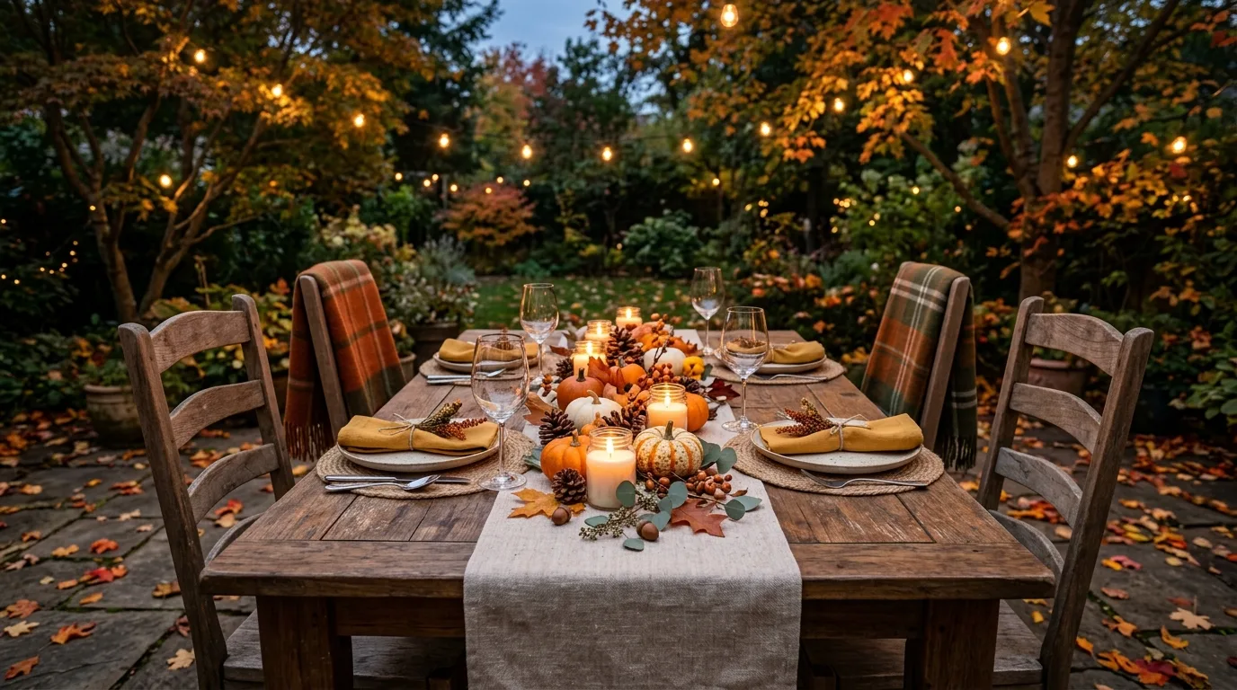 Layer plaid and textured textiles into seating areas inspiration for an outdoor fall setting.